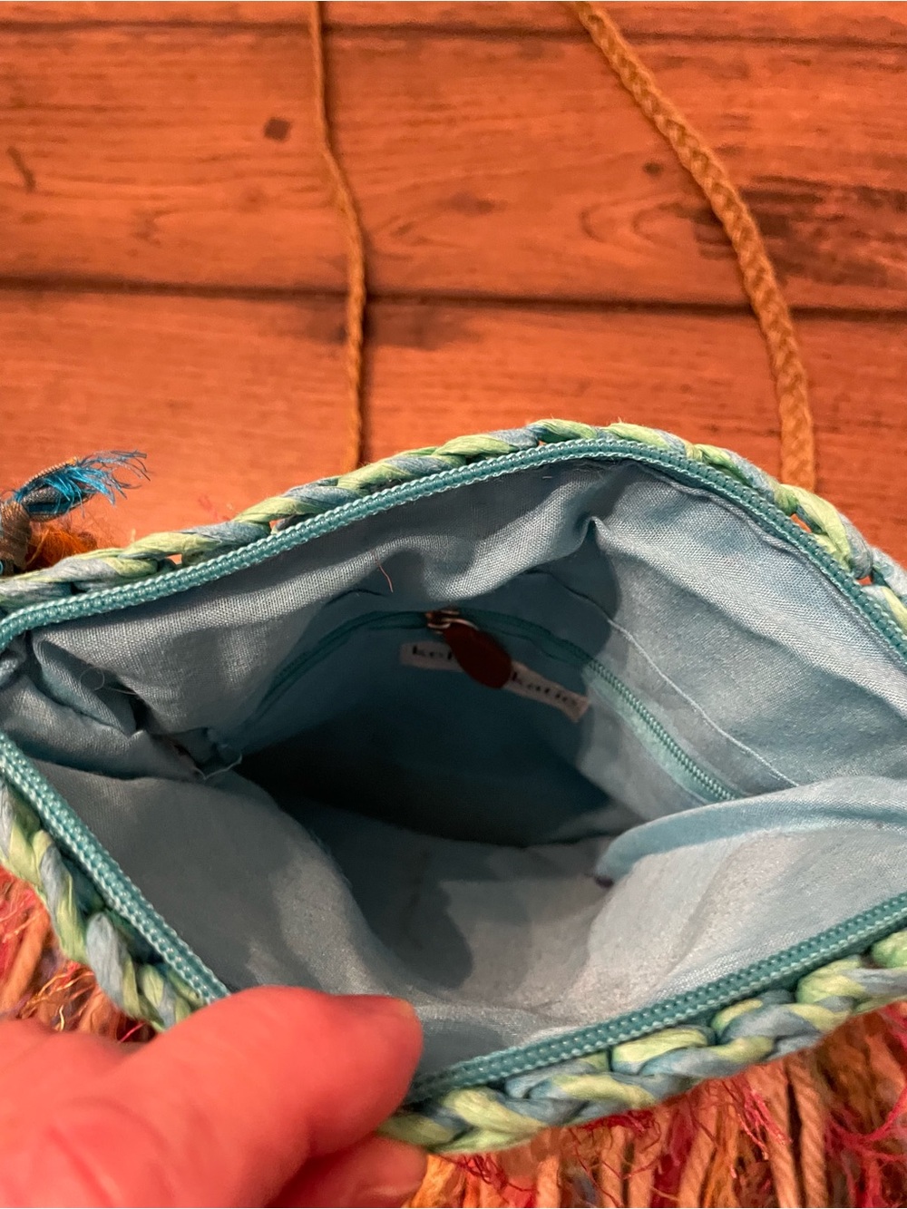 Rare Boho Multicolor Fringe Crossbody Bag - Turquoise Zipper Top Beaded Sides - Picture 6 of 6